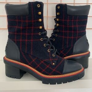 TORY BURCH Stylish Black and Red Plaid Women's Boots